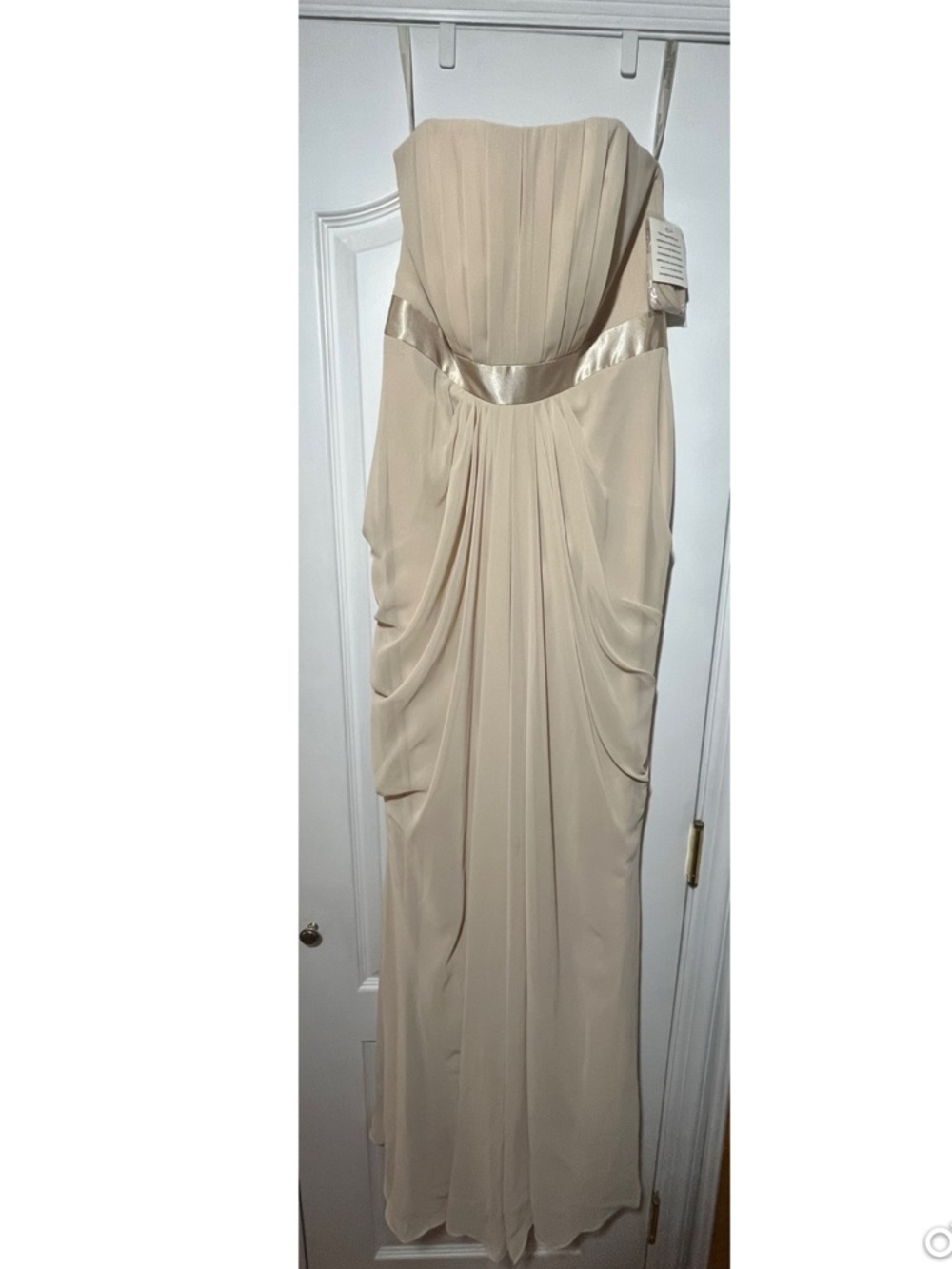 David's Bridal Strapless Champagne Evening Gown with Satin Waist